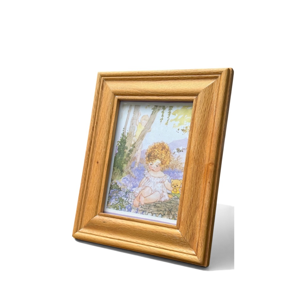 Vintage Framed Childrens Book Illustration Girl Teddy Bear Oak 5x7
